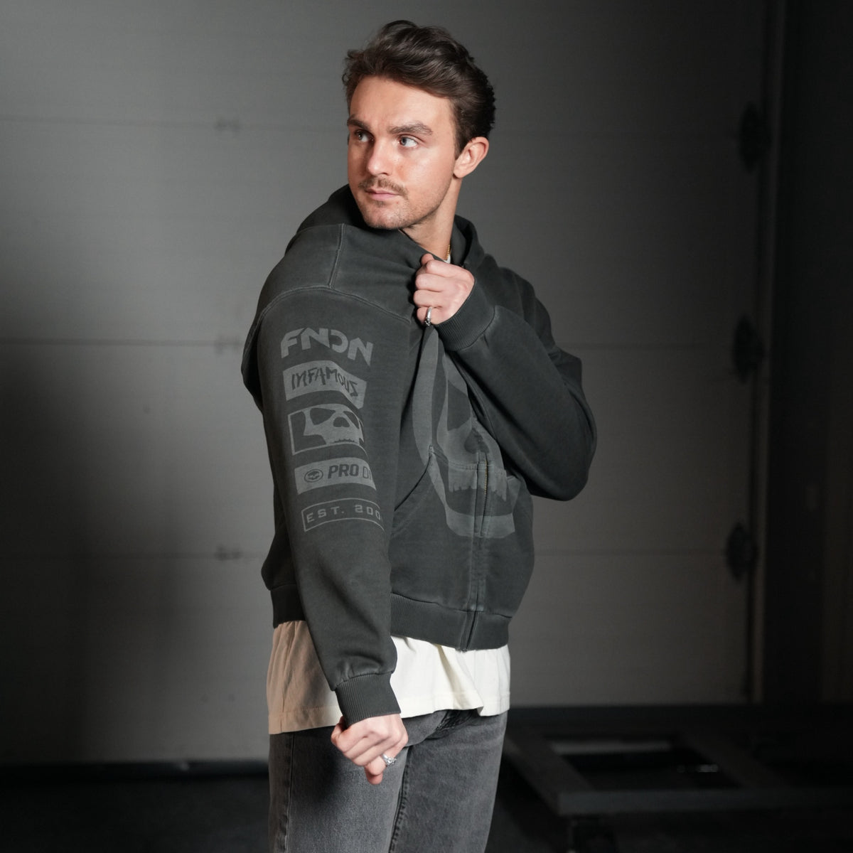 HERITAGE SKULL ZIP HOODIE - SAGE GREY WASH